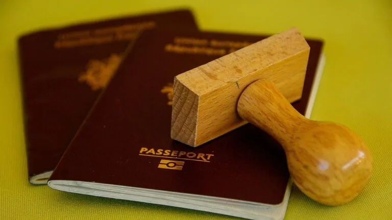 Drewniana pieczątka leży na dwóch bordowych paszportach na żółtym tle.