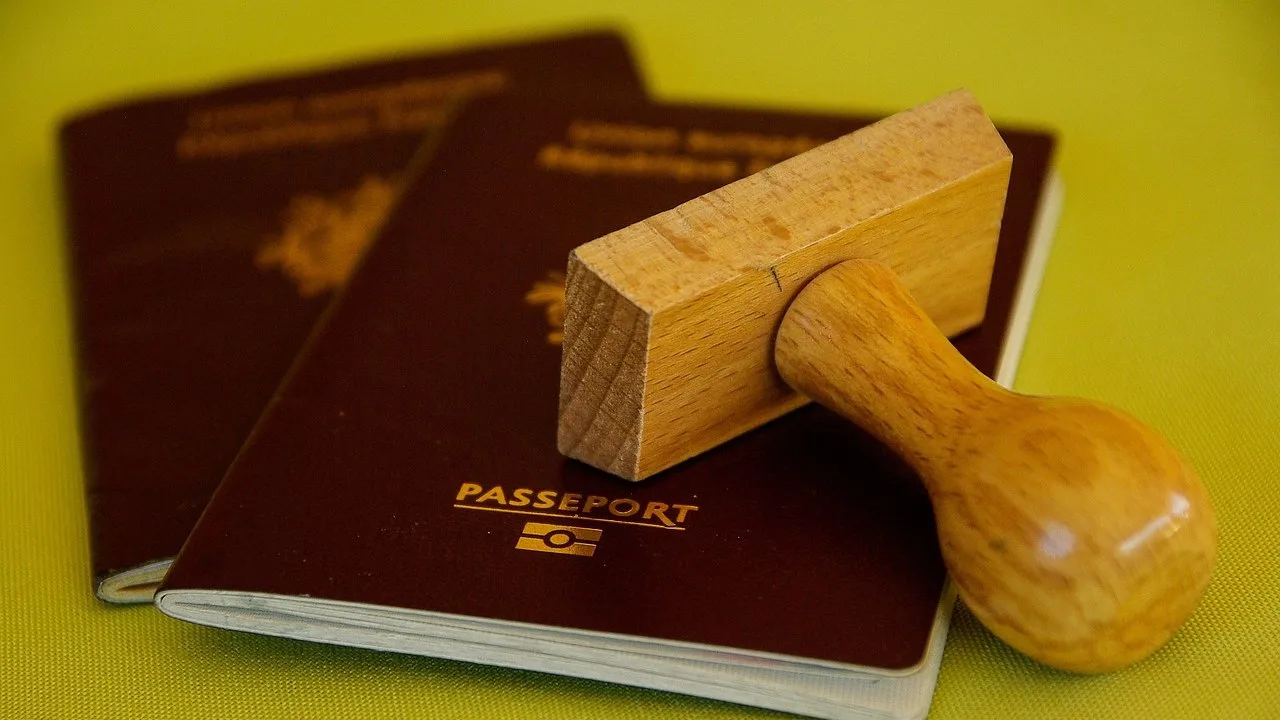 Drewniana pieczątka leży na dwóch bordowych paszportach na żółtym tle.