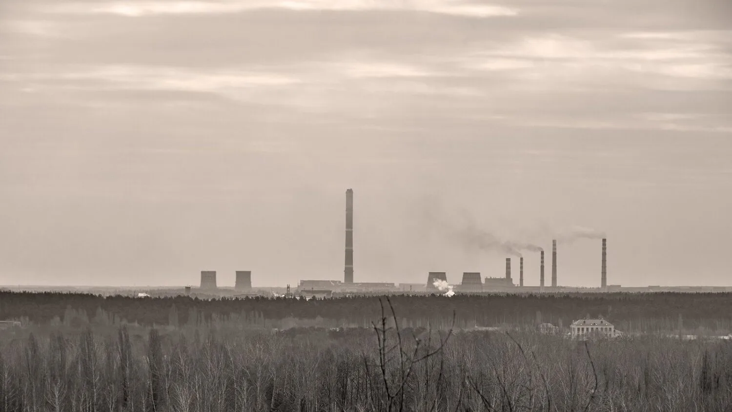 Zakład metalurgiczny NLMK w Lipecku z oddali: kominy i wieże chłodnicze ponad lasem, pochmurne niebo, bez widocznego pożaru.