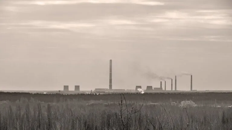 Zakład metalurgiczny NLMK w Lipecku z oddali: kominy i wieże chłodnicze ponad lasem, pochmurne niebo, bez widocznego pożaru.