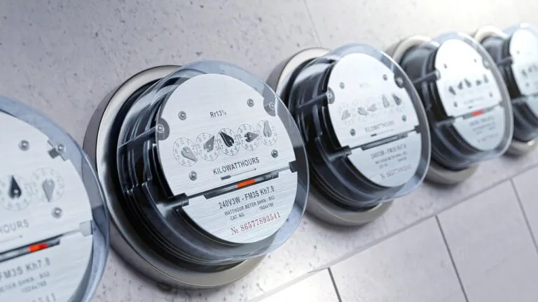 Cyfrowe liczniki energii elektrycznej z odczytem w kilowatogodzinach zamontowane rzędem na jasnej ścianie.