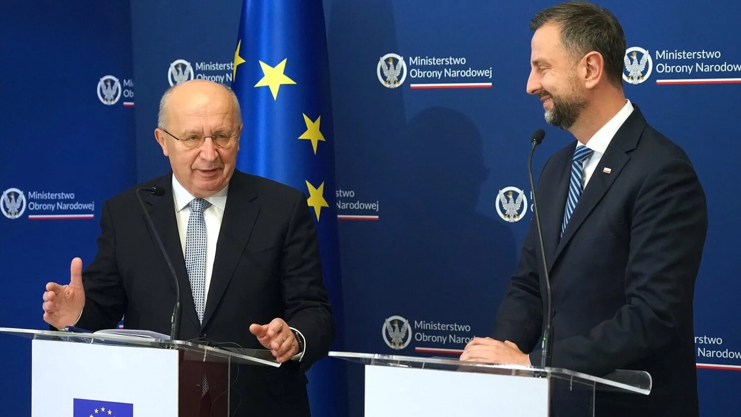 Władysław Kosiniak-Kamysz i Andrius Kubilius podczas wspólnej konferencji prasowej w siedzibie MON